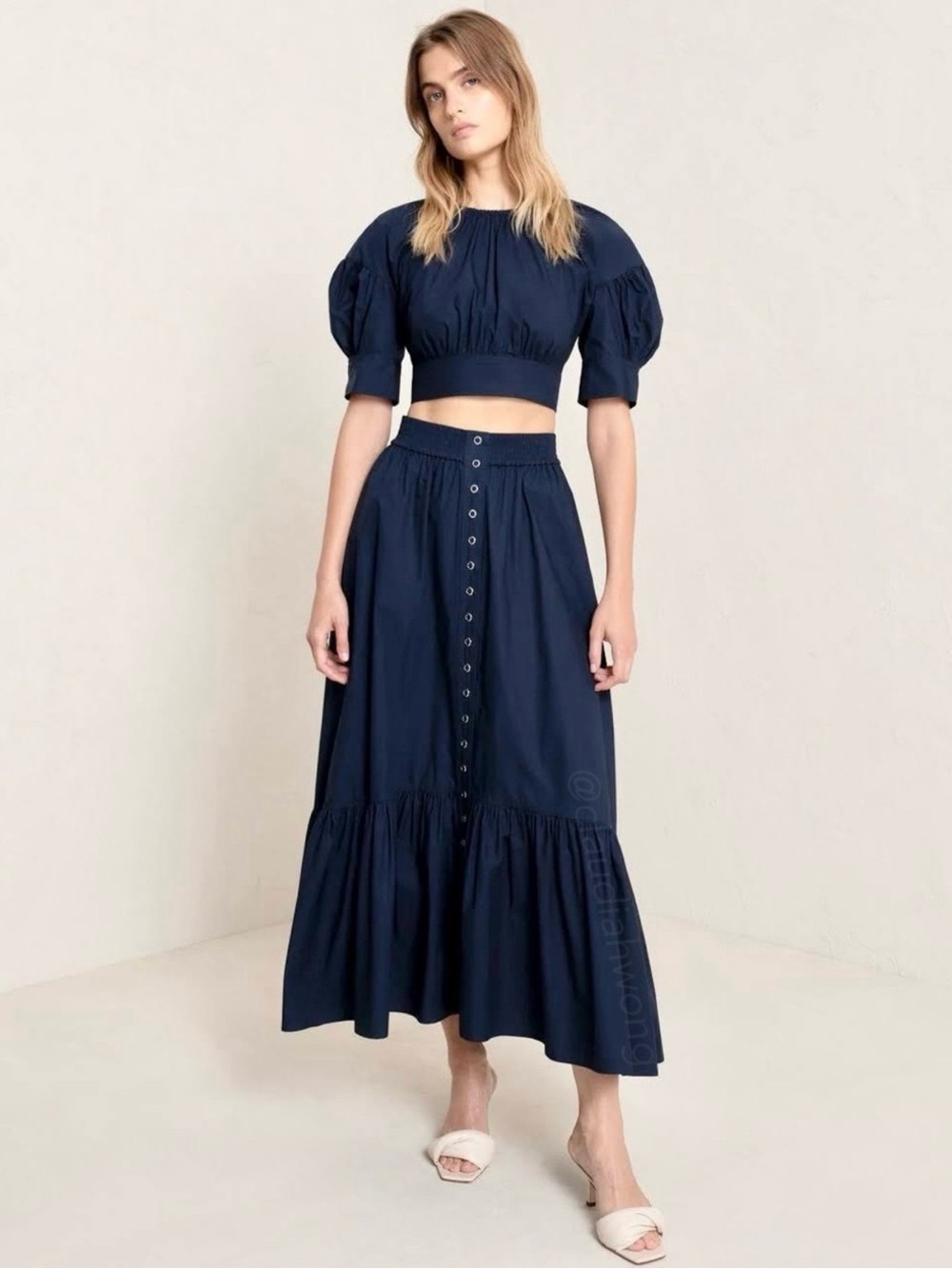 A.L.C. Matching Set: Navy Button-Front Maxi Skirt and Open Tie-Back Top